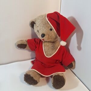 Vintage Rushton 17" Teddy Bear Plush w/ Christmas Red Nightgown & Cap